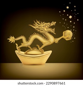 The sculpture of wooden fly golden dragon the symbolic of wealth and powerful in chinese belief isolated on black Background