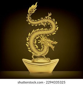 The sculpture of wooden fly golden dragon the symbolic of wealth and powerful in chinese belief isolated on black Background