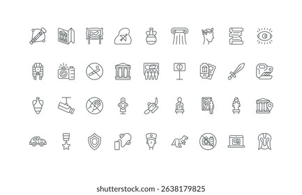 Sculptures of Greece and Rome, ancient helmet and vase, dinosaur skull thin black symbols vector illustration. Museum, art gallery and history heritage, culture exhibition line icon set.