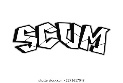 Scum - single word, letters graffiti style. Vector hand drawn logo. Funny cool trippy word Scum, fashion, graffiti style print t-shirt, poster concept