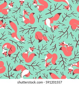 A Scurry of Squirrels on the branches. Seamless summer pattern for gift wrapping, wallpaper, children`s room or clothing. Vector illustration