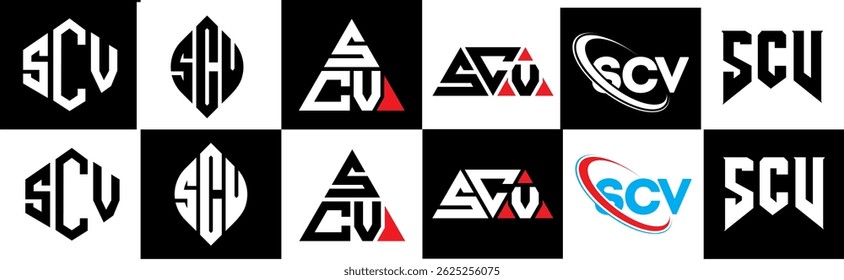 SCV letter logo design in six style. SCV polygon, circle, triangle, hexagon, flat and simple style with black and white color variation letter logo set in one artboard. SCV minimalist and classic logo
