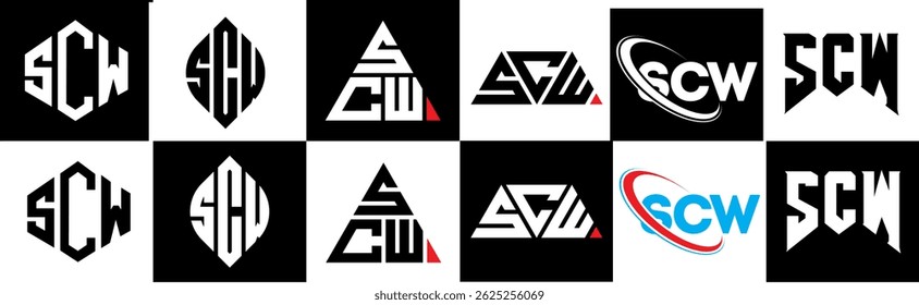 SCW letter logo design in six style. SCW polygon, circle, triangle, hexagon, flat and simple style with black and white color variation letter logo set in one artboard. SCW minimalist and classic logo