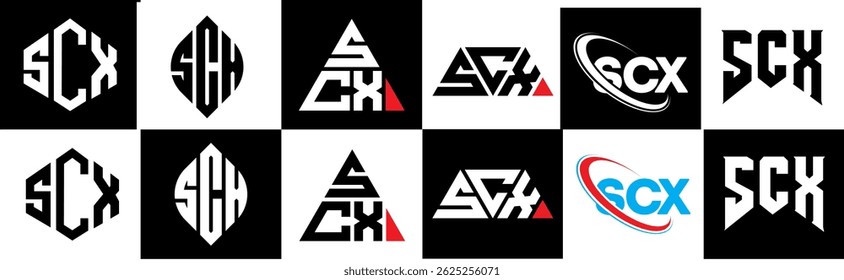 SCX letter logo design in six style. SCX polygon, circle, triangle, hexagon, flat and simple style with black and white color variation letter logo set in one artboard. SCX minimalist and classic logo