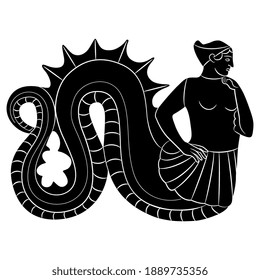 Scylla or Nereid. Ancient Greek mermaid or siren. Fantastic female character. Woman with fish tail. Black and white silhouette.