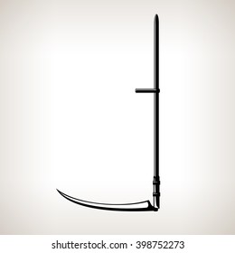 Scythe,  Agricultural Hand Tool for Mowing Grass or Reaping Crops, Silhouette Scythe on a Light  Background, Garden Equipment, Black and White Vector Illustration