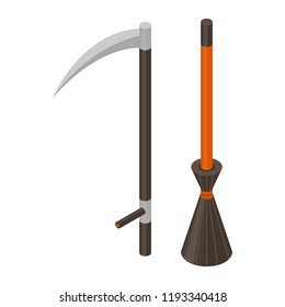 Scythe and broom icon. Isometric of scythe and broom vector icon for web design isolated on white background