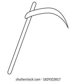 Scythe of death. A terrible tool. Vector illustration. Outline on an isolated white background. Doodle style. Sketch. Halloween symbol. Sharpened blade. Idea for web design. All Saints Day.