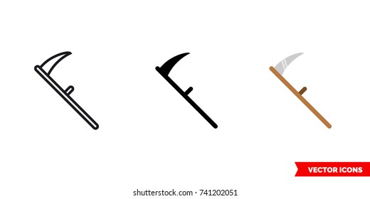 Scythe icon of 3 types: color, black and white, outline. Isolated vector sign symbol.