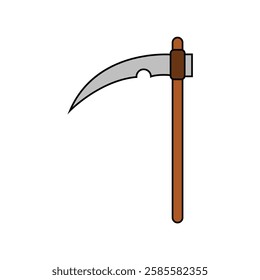 Scythe Icon. Scythe with a curved blade and wooden handle.