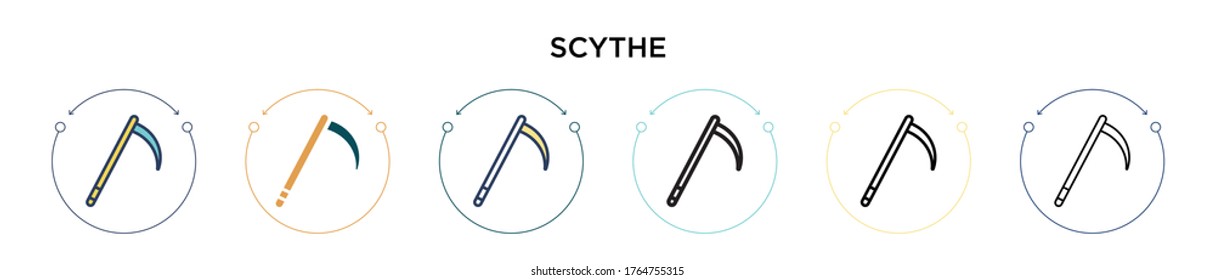 Scythe icon in filled, thin line, outline and stroke style. Vector illustration of two colored and black scythe vector icons designs can be used for mobile, ui, web