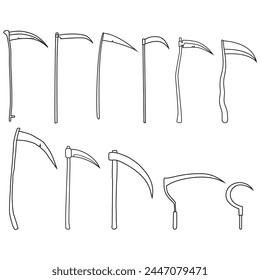 Scythe icon vector set. Death illustration sign collection. Halloween symbol or logo.