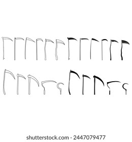 Scythe icon vector set. Death illustration sign collection. Halloween symbol or logo.