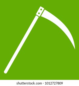 Scythe icon white isolated on green background. Vector illustration
