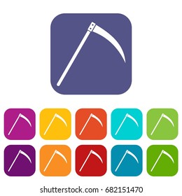 Scythe icons set vector illustration in flat style in colors red, blue, green, and other
