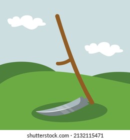 scythe on the grass or meadow, simple color icon, vector illustration