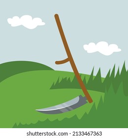scythe on the grass or meadow, simple color icon, vector illustration