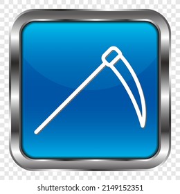 Scythe simple icon. Flat design. Metal, blue square button. Transparent grid.ai