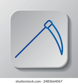 Scythe icono simple. Diseño plano. Diseño de corte de papel. Símbolo azul cortado con sombra. Insignia gris Botón, fondo gris.ai
