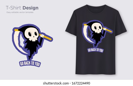 scythe and skull in hand. Prints on T-shirts, sweatshirts, cases for mobile phones, souvenirs. Isolated vector illustration on white background.