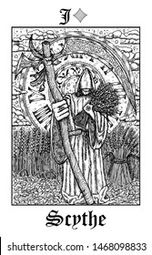 Scythe. Tarot card from vector Lenormand Gothic Mysteries oracle deck. Black and white engraved illustration. Fantasy and mystic line art drawing. Gothic, occult and esoteric background