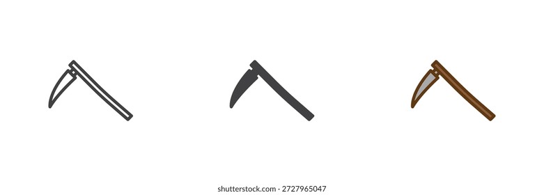 Esquema el conjunto de iconos de herramientas en línea, sólido y relleno contorno de estilo colorido. Icono de guadaña de cosecha, signo de Vector de color y símbolo.