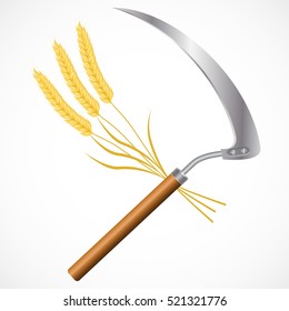 Scythe and wheat. Wheat spikelets. Vector illustration isolated on white background.