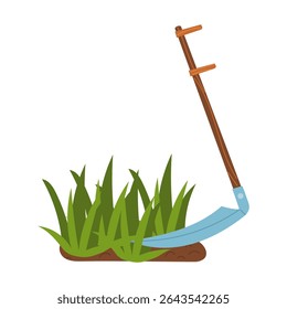 Scythe with a wooden handle mows the tall grass. Gardening tools. The workflow. Flat color illustration. It is suitable for the design of articles and educational materials on gardening and hobbies