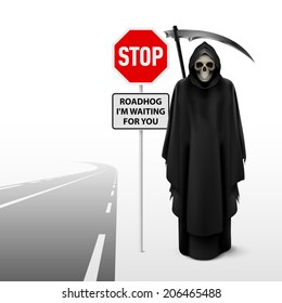 Scytheman beside the  road with a traffic sign of stop