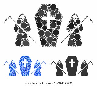 Scytheman coffin guard mosaic of spheric dots in different sizes and shades, based on scytheman coffin guard icon. Vector round elements are grouped into blue mosaic.