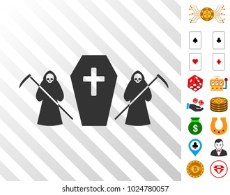 Scytheman Coffin Guard pictograph with bonus casino clip art. Vector illustration style is flat iconic symbols. Designed for gambling websites.