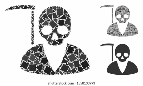 Scytheman composition of humpy items in different sizes and color tones, based on scytheman icon. Vector trembly items are combined into composition. Scytheman icons collage with dotted pattern.