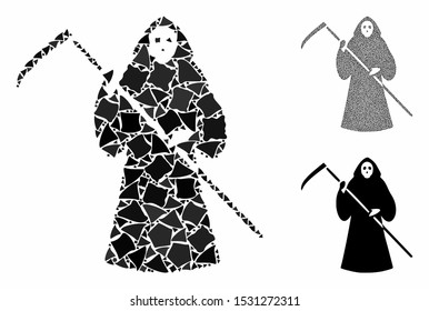 Scytheman composition of inequal elements in different sizes and shades, based on scytheman icon. Vector inequal dots are combined into composition. Scytheman icons collage with dotted pattern.