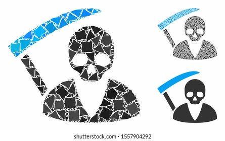 Scytheman composition of inequal elements in variable sizes and color tints, based on scytheman icon. Vector inequal pieces are united into collage. Scytheman icons collage with dotted pattern.