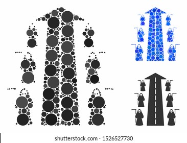 Scytheman future road mosaic for scytheman future road icon of round dots in various sizes and color hues. Vector round dots are organized into blue mosaic.