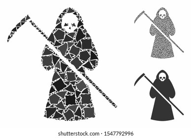 Scytheman mosaic of joggly pieces in different sizes and color tints, based on scytheman icon. Vector joggly parts are united into collage.  