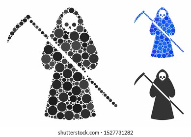 Scytheman mosaic of round dots in different sizes and color tinges, based on scytheman icon. Vector dots are grouped into blue collage. Dotted scytheman icon in usual and blue versions.