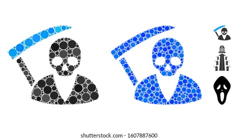 Scytheman mosaic of round dots in different sizes and color tones, based on scytheman icon. Vector round elements are organized into blue composition. Dotted scytheman icon in usual and blue versions.