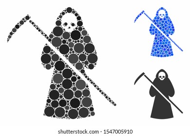 Scytheman mosaic of small circles in different sizes and color tints, based on scytheman icon. Vector filled circles are composed into blue mosaic. Dotted scytheman icon in usual and blue versions.