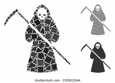 Scytheman mosaic of tremulant elements in various sizes and color tones, based on scytheman icon. Vector tremulant elements are grouped into collage. Scytheman icons collage with dotted pattern.
