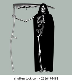 Scytheman Skeleton In Black Raincoat With A Scythe. Vintage Engraving Stylized Drawing. Vector Illustration