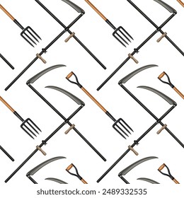 Scythes and pitchforks. Seamless pattern with agricultural tools. Vector illustration.