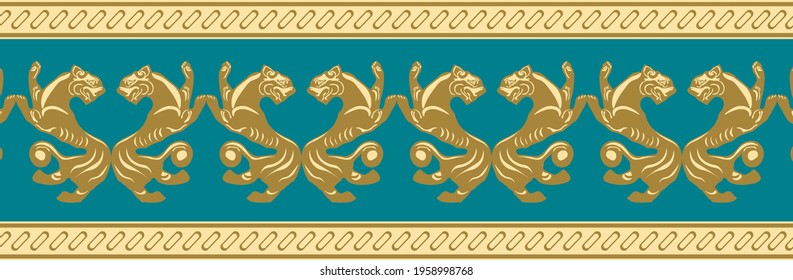 Scythian ethnics. Scythian ornament seamless. Zoological style. Historical seamless pattern. Northern Black Sea region art and culture. Animal in the ancient world. Ethnic pattern