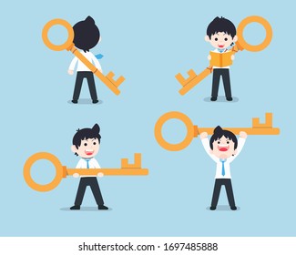 SD Business Man With a giant key, holding lifting and carrying the key. If you have a good business plan, it is like having the key to success.