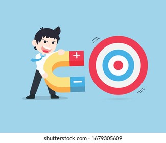 SD Business Man Hold a large magnet that is sucking a giant target. If having a good business plan is like attracting success.