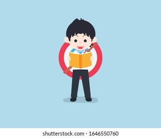 SD Business Man standing with a target in the back and reading a business plan handbook. When there is a goal Prepare to walk towards the goal.