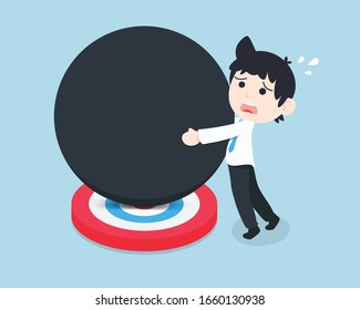 SD Business Man Trying to fully lift the giant black ball that is over the target. There are many obstacles that prevent us from reaching our goal.