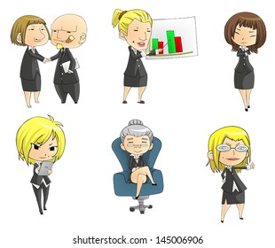 SD funny cartoon businesswomen, businesswoman, manager, and female boss in various work action and expression icon set, create by vector