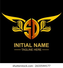SD Golden Wing Emblem Logo with elegant gold wings, sleek and modern design. Ideal for branding, creative projects, luxury businesses, or artistic ventures.
