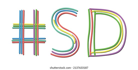 SD Hashtag. Isolate doodle lettering text from multi-colored curved neon lines like from a felt-tip pen, pensil. #SD is abbreviation for the US America South Dakota for banner, social network, t-shirt
